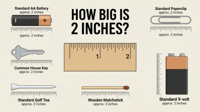 Common Object Approximate Size Comparison to 2 Inches Golf tee 2.1 inches Almost the same size Two U.S. quarters 1.9 inches Slightly shorter Standard credit card (width) 2.1 inches Very close Large paperclip 2 inches About the same length Lip balm tube 2.5–2.7 inches Slightly longer Matchbox 2 inches About the same size Thumb (adult) ~2 inches Roughly the same length